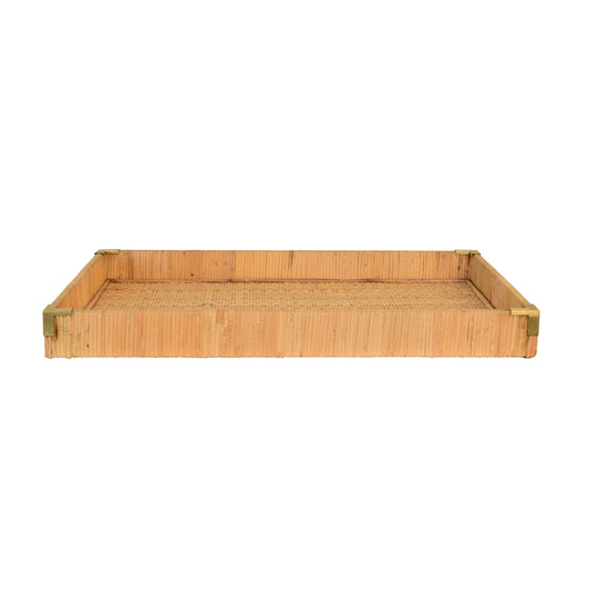 Large Rectangular Natural Rattan Wrapped Trays With Brass Corners - TOMMY LG