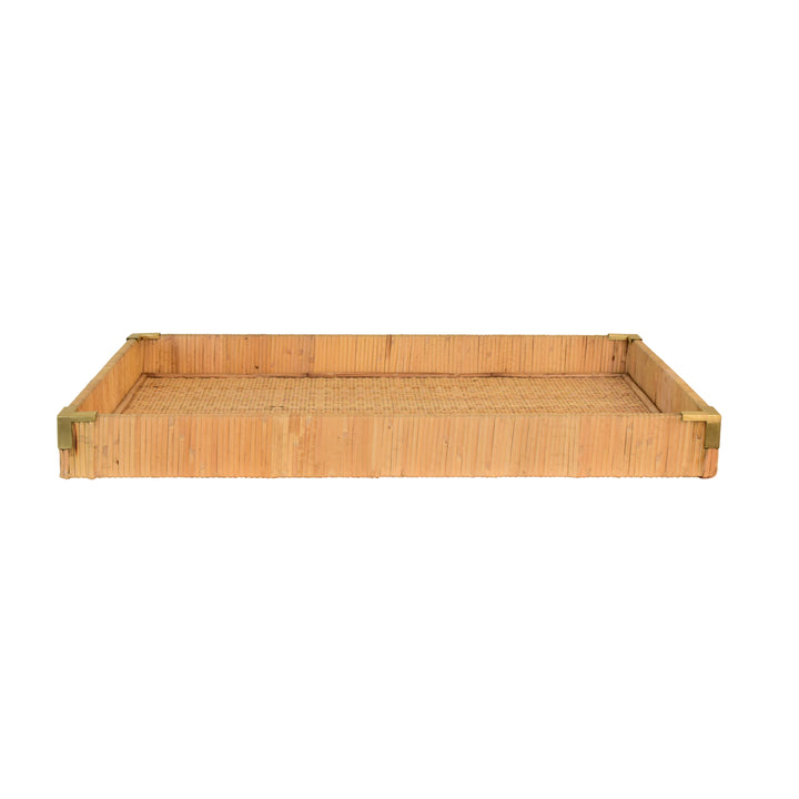 Large Rectangular Natural Rattan Wrapped Trays With Brass Corners - TOMMY LG