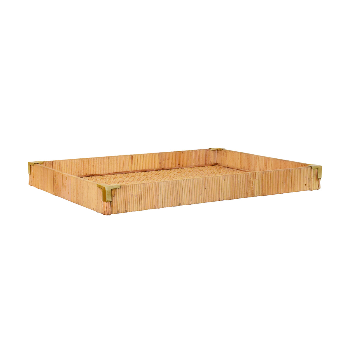 Large Rectangular Natural Rattan Wrapped Trays With Brass Corners - TOMMY LG