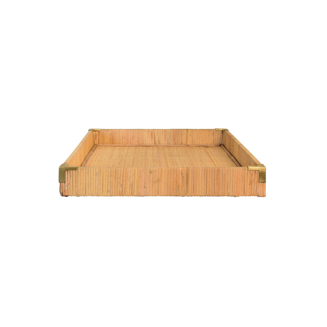 Large Rectangular Natural Rattan Wrapped Trays With Brass Corners - TOMMY LG