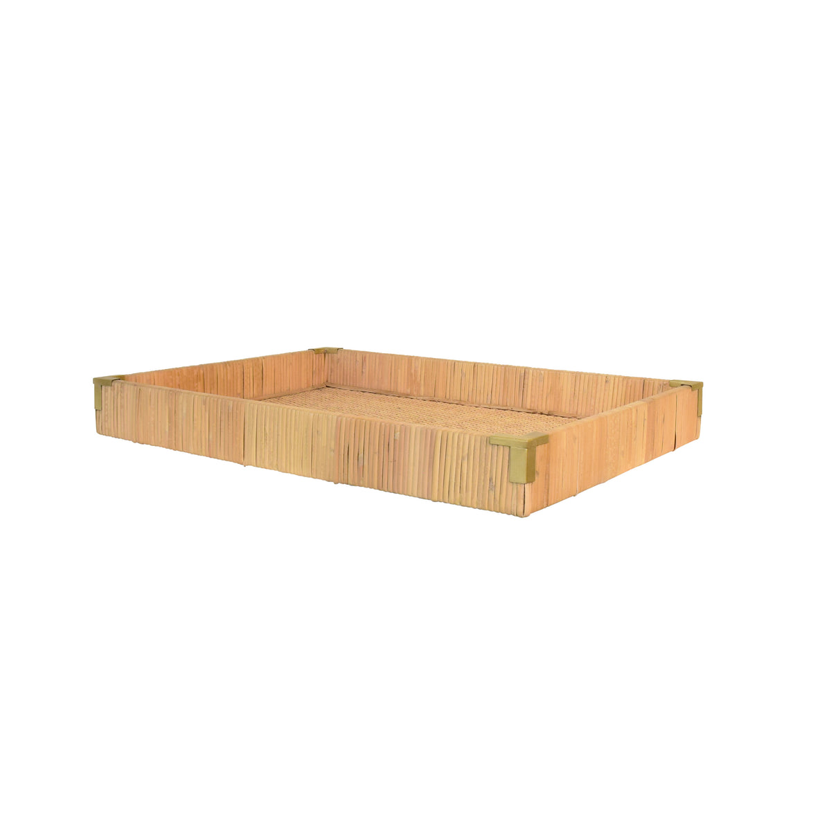 Small Rectangular Natural Rattan Wrapped Trays With Brass Corners - TOMMY SM