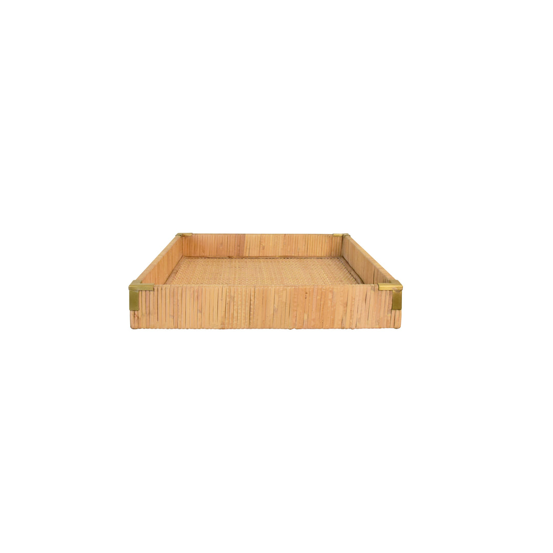 Small Rectangular Natural Rattan Wrapped Trays With Brass Corners - TOMMY SM