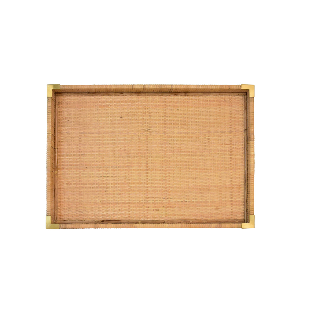 Small Rectangular Natural Rattan Wrapped Trays With Brass Corners - TOMMY SM