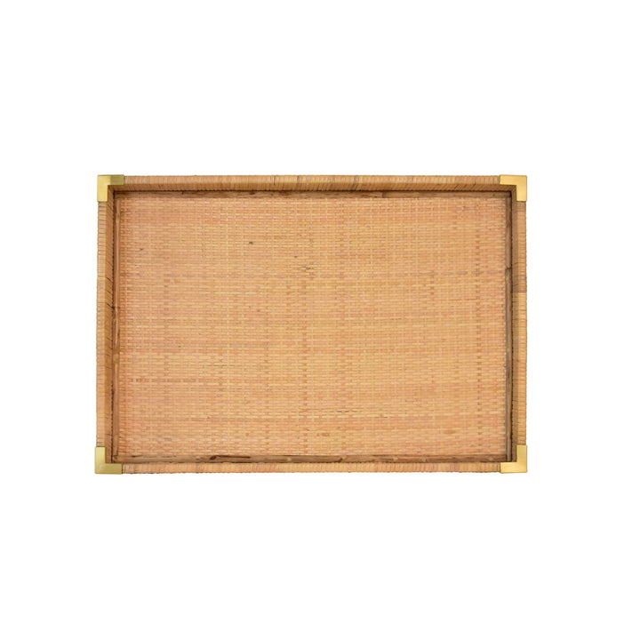 Small Rectangular Natural Rattan Wrapped Trays With Brass Corners - TOMMY SM
