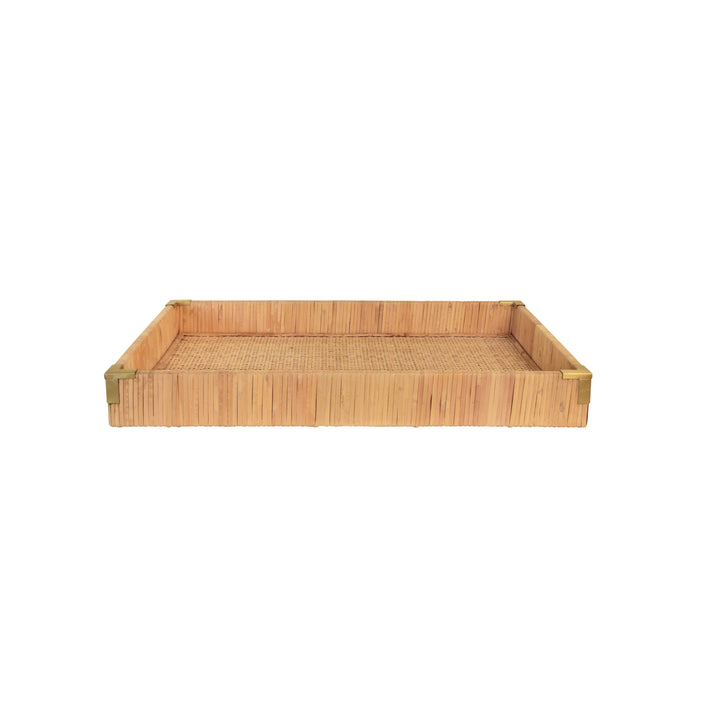 Small Rectangular Natural Rattan Wrapped Trays With Brass Corners - TOMMY SM