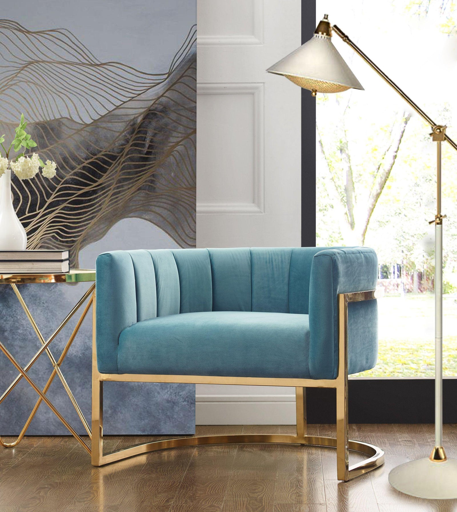 TOV Furniture Magnolia Sea Blue Chair with Gold Base ACCENT + LOUNGE CHAIRS
