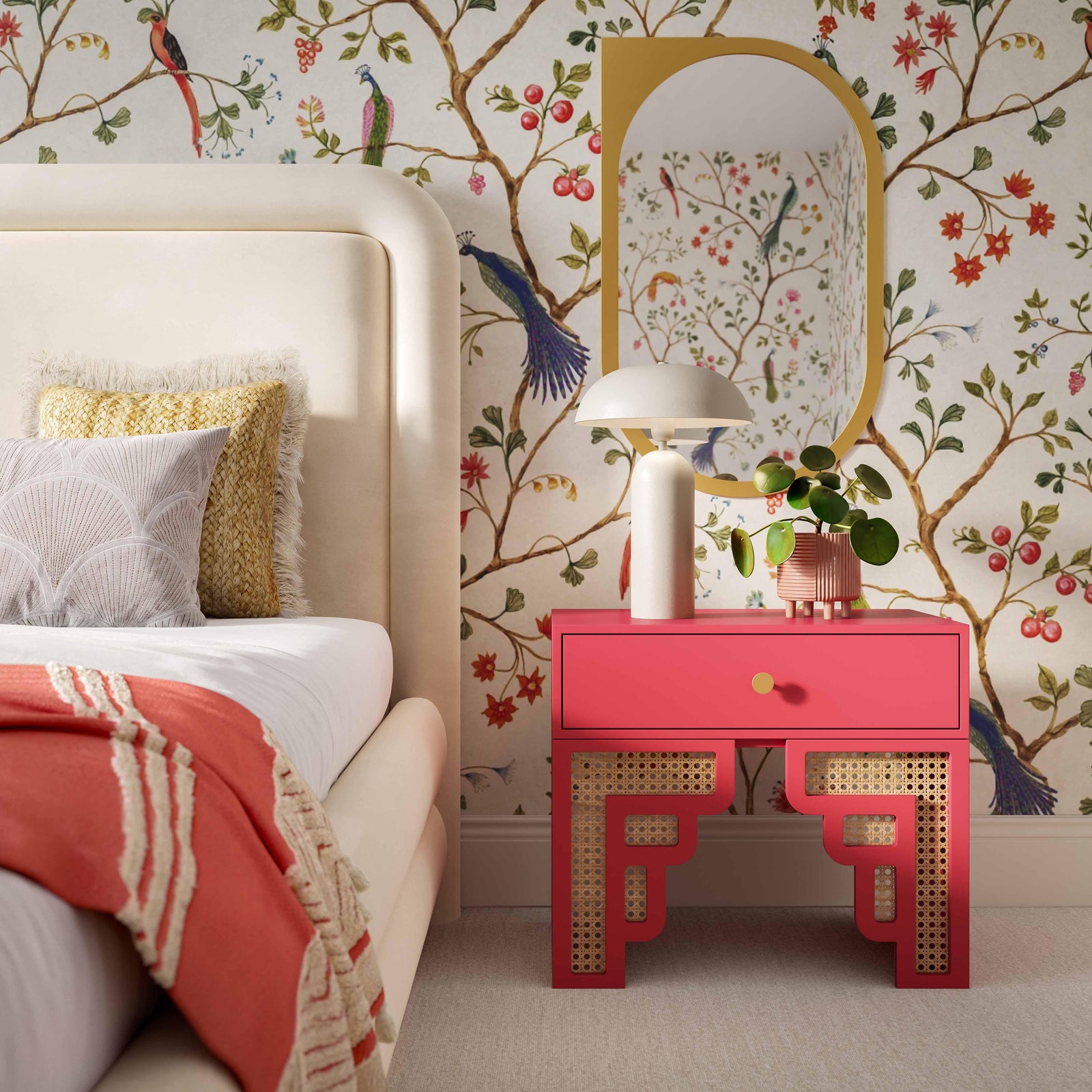 TOV Furniture Suzie Coral Pink & Rattan Nightstand NIGHTSTANDS