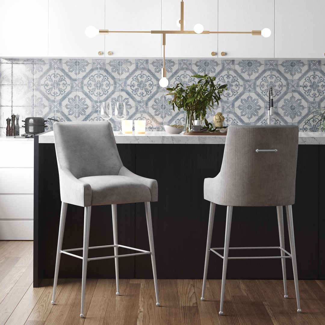 TOV Furniture Beatrix Pleated Light Grey Velvet Counter Stool OTTOMANS, POUFS, + STOOLS