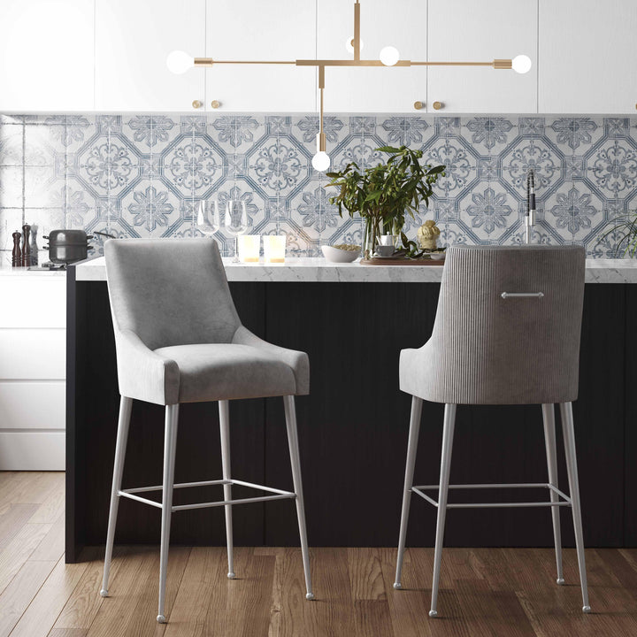 TOV Furniture Beatrix Pleated Light Grey Velvet Counter Stool OTTOMANS, POUFS, + STOOLS