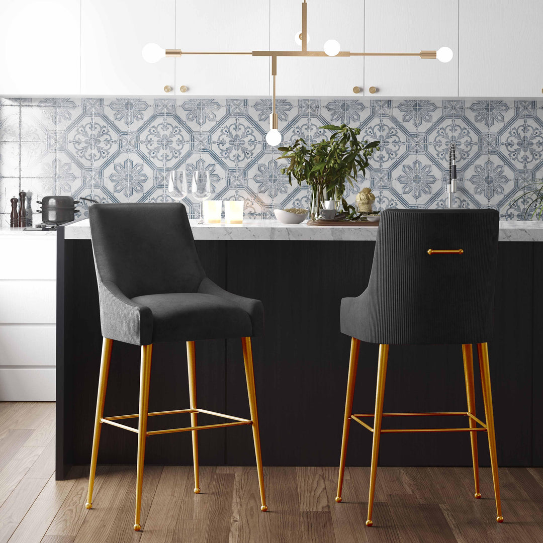 TOV Furniture Beatrix Pleated Black Velvet Bar Stool OTTOMANS, POUFS, + STOOLS