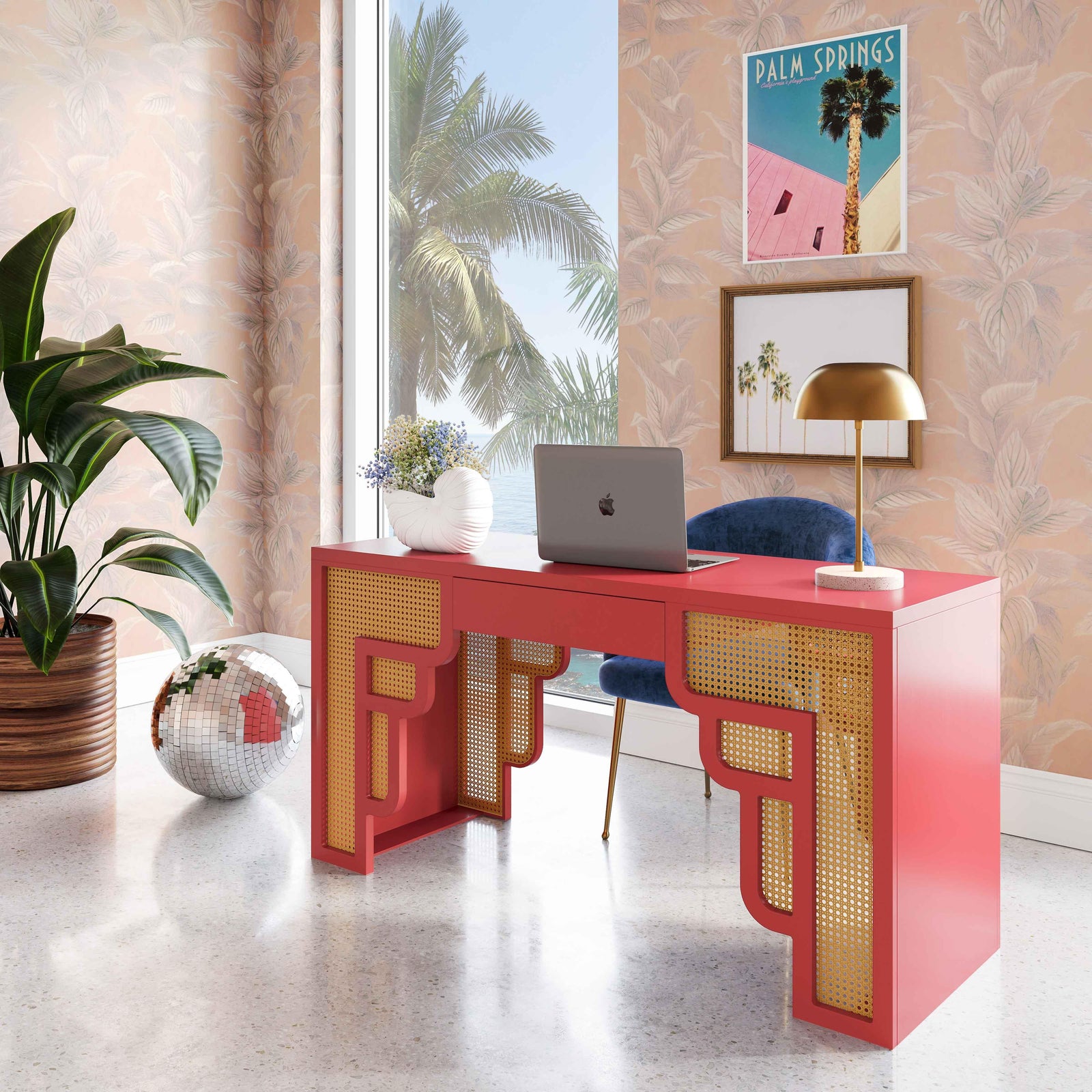 TOV Furniture Suzie Coral Pink & Rattan Executive Desk DESKS
