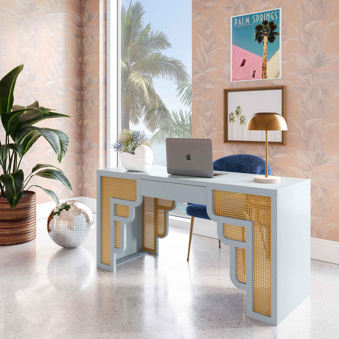 TOV Furniture Suzie Pastel Blue & Rattan Executive Desk DESKS
