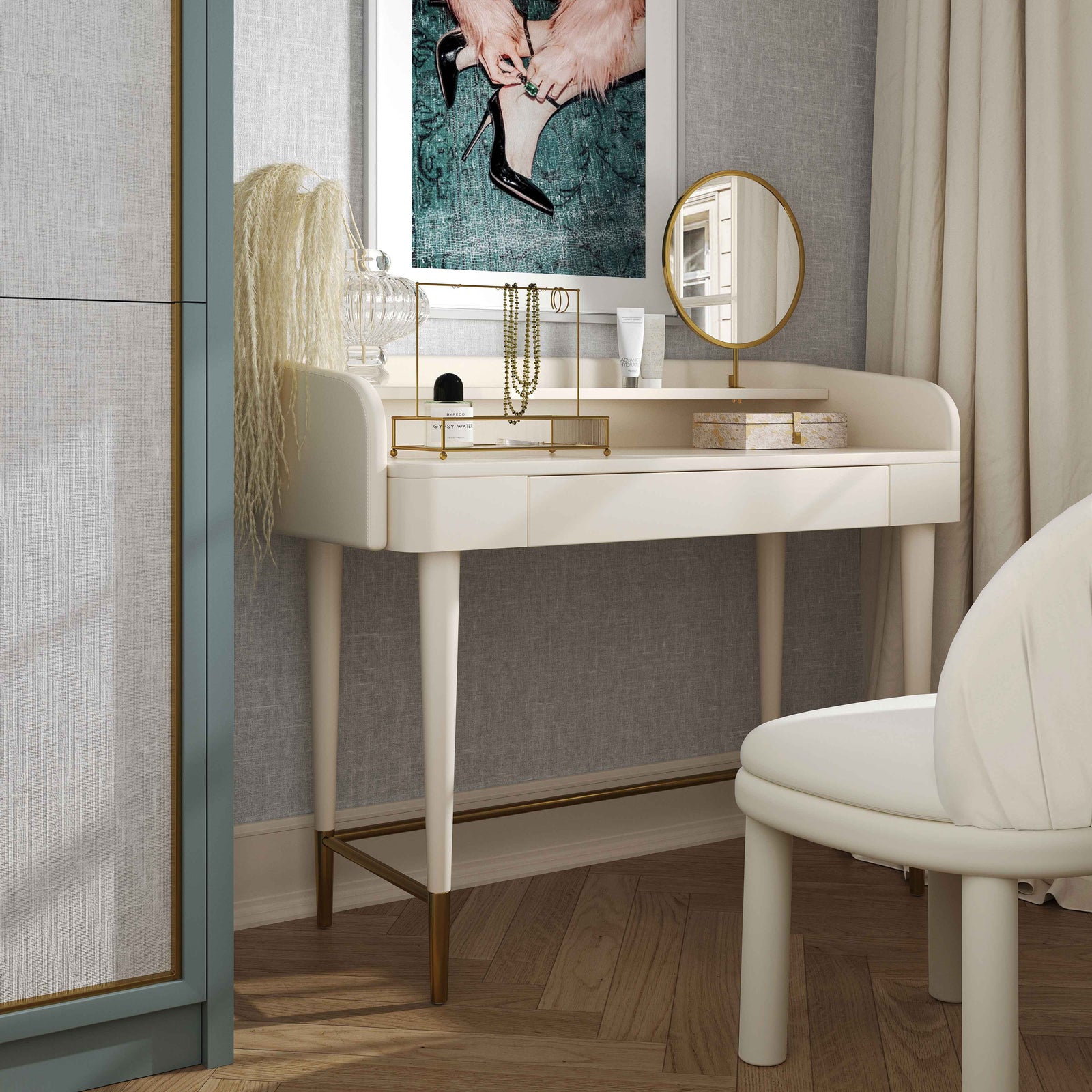 TOV Furniture Penelope Cream Vegan Leather Wrapped Vanity VANITIES