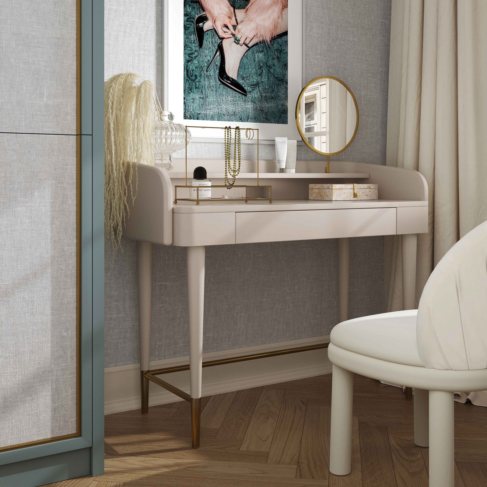TOV Furniture Penelope Taupe Vegan Leather Wrapped Vanity VANITIES