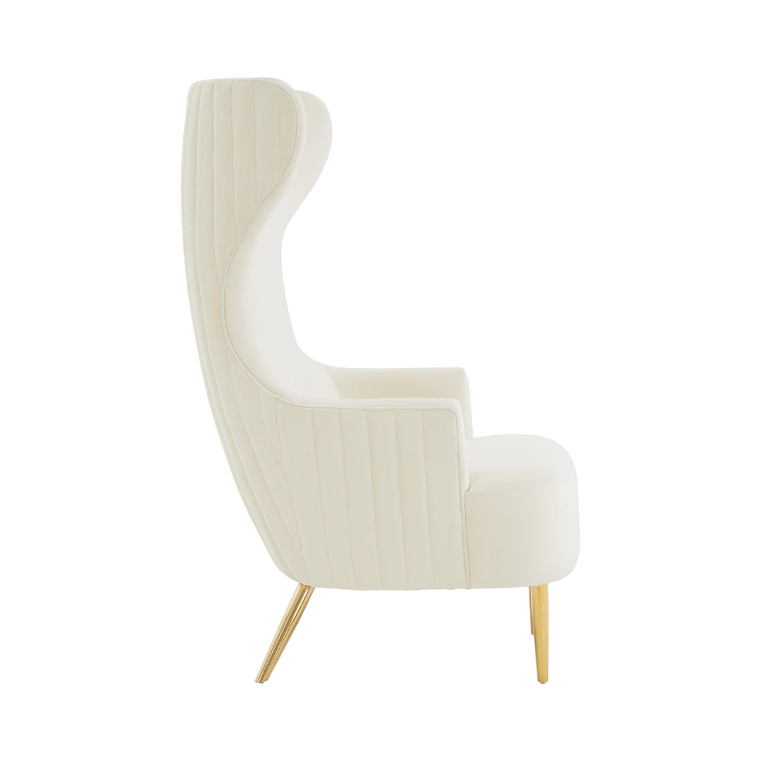 TOV Furniture Julia Cream Velvet Channel Tufted Wingback Chair ACCENT + LOUNGE CHAIRS
