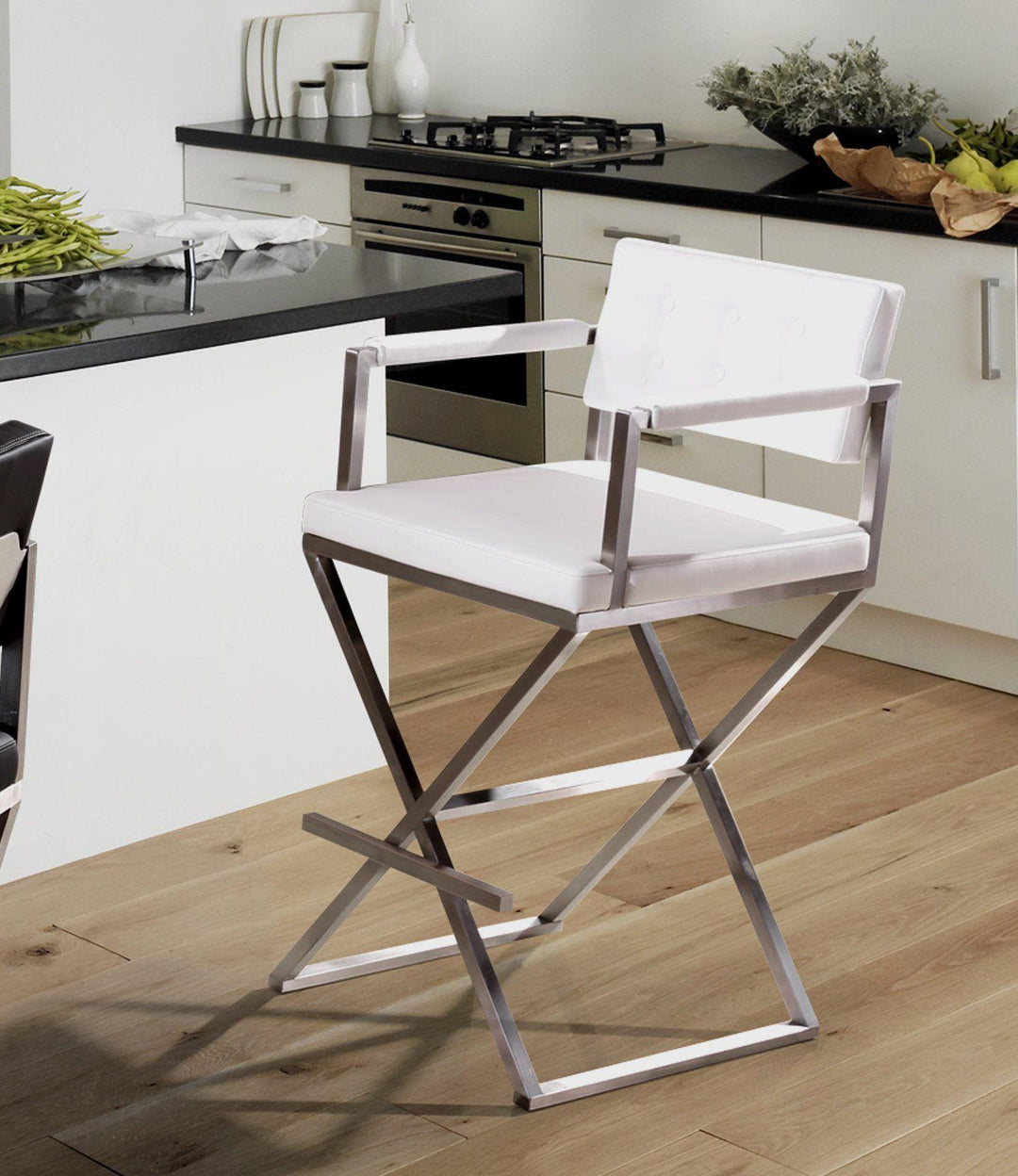 TOV Furniture Director White Stainless Steel Counter Stool OTTOMANS, POUFS, + STOOLS