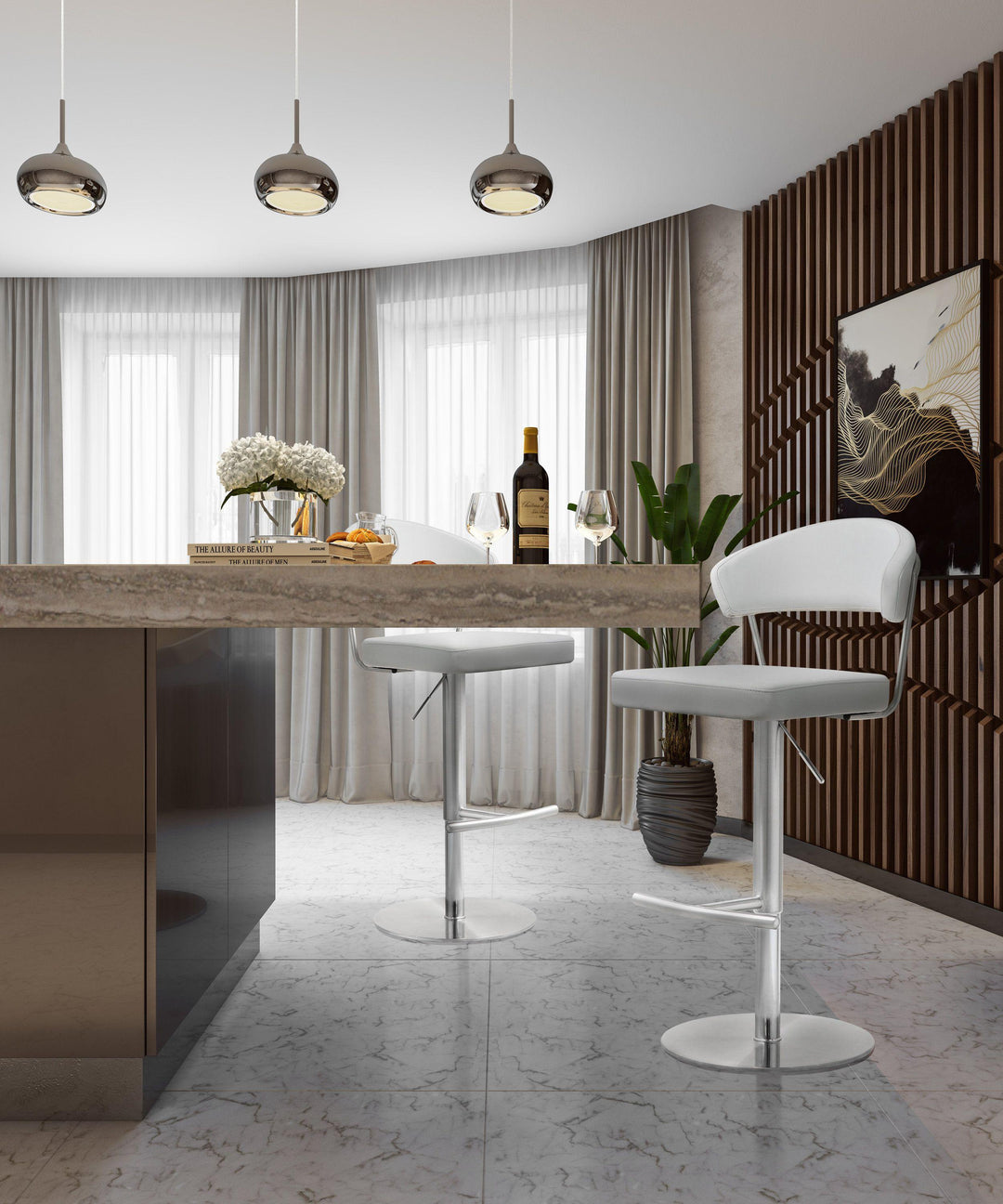TOV Furniture Cosmo White Stainless Steel Barstool OTTOMANS, POUFS, + STOOLS