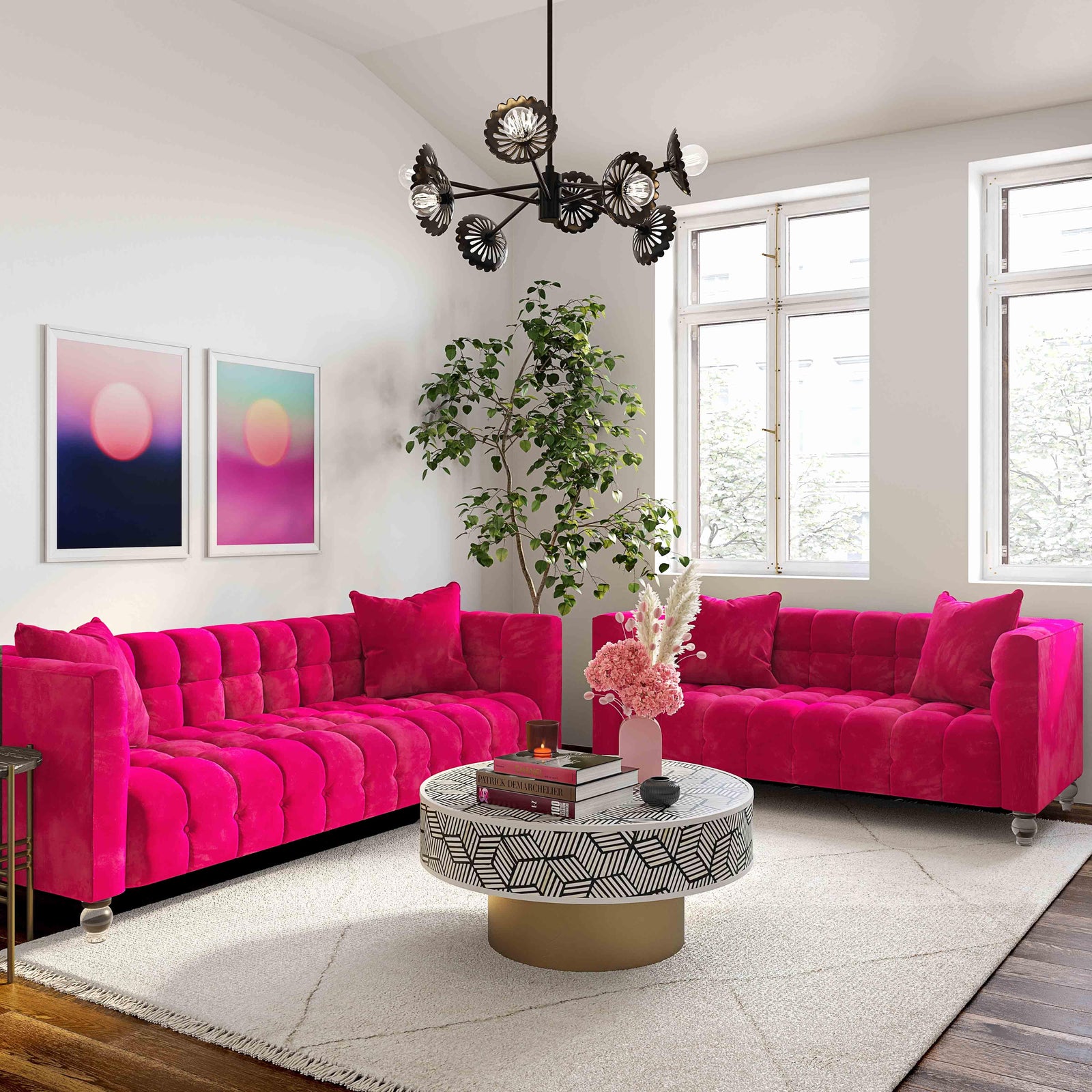 TOV Furniture Bea Hot Pink Velvet Loveseat LOVESEATS + CHAISES