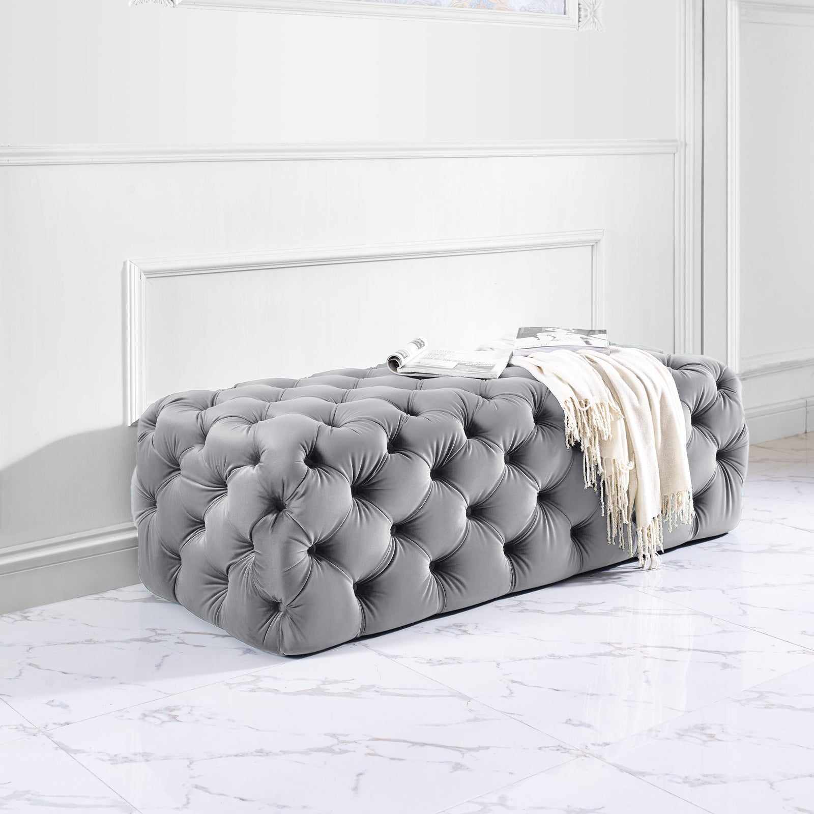 TOV Furniture Kaylee Grey Velvet Ottoman OTTOMANS, POUFS, + STOOLS