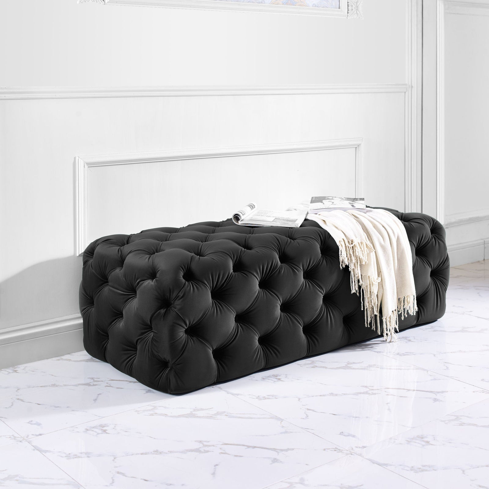 TOV Furniture Kaylee Black Velvet Ottoman OTTOMANS, POUFS, + STOOLS
