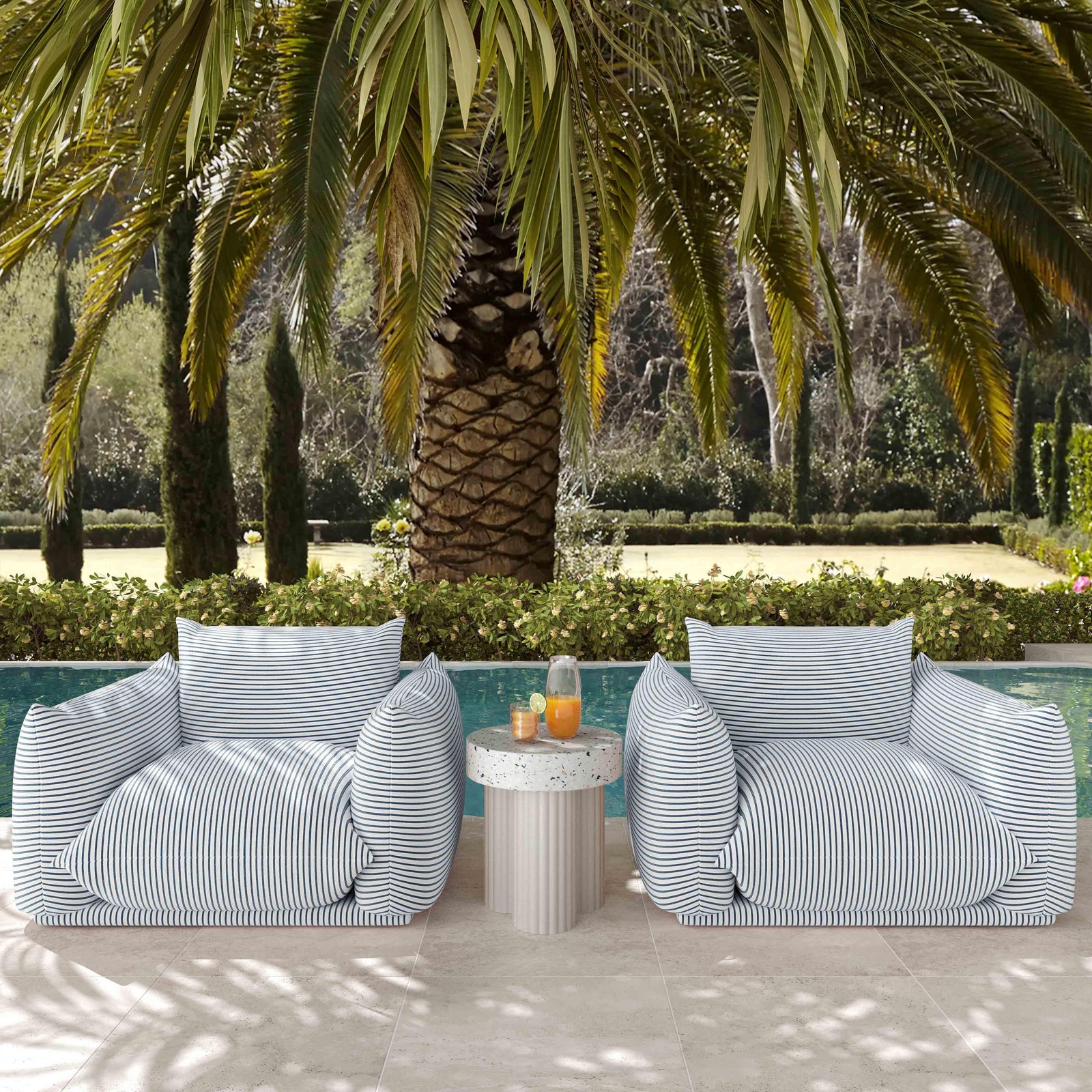 TOV Furniture Saint Tropez Pearl and Blue Striped Stuffed Outdoor Armchair OUTDOOR CHAISE LOUNGES