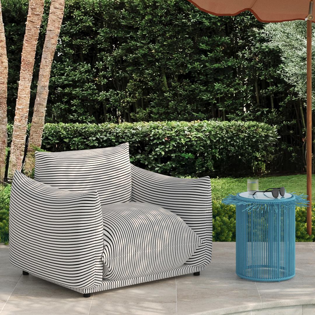 TOV Furniture Saint Tropez Pearl and Black Striped Stuffed Outdoor Armchair OUTDOOR CHAISE LOUNGES