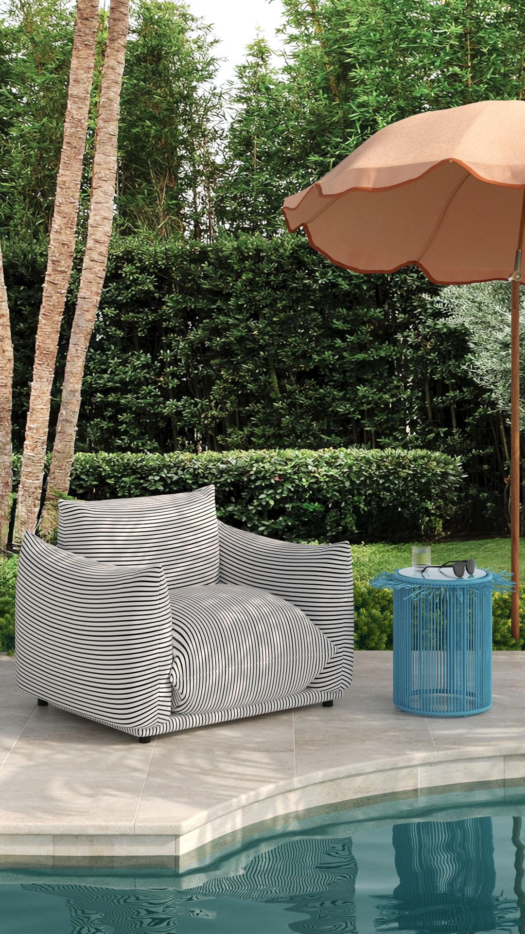 TOV Furniture Saint Tropez Pearl and Black Striped Stuffed Outdoor Armchair OUTDOOR CHAISE LOUNGES