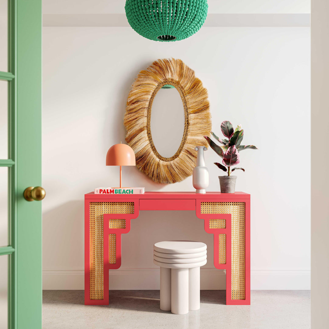 American Home Furniture | TOV Furniture - Suzie Coral Pink & Rattan Console Table