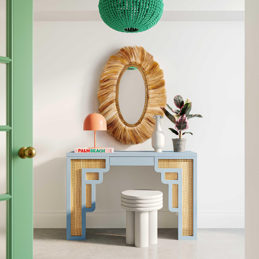 American Home Furniture | TOV Furniture - Suzie Pastel Blue & Rattan Console Table