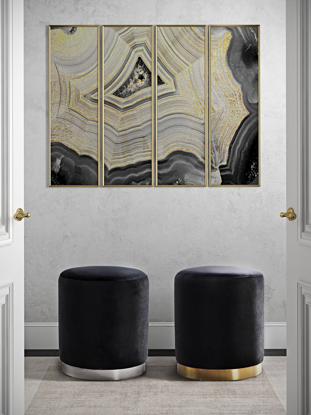 American Home Furniture | TOV Furniture - Opal Black Velvet Ottoman -Gold Base