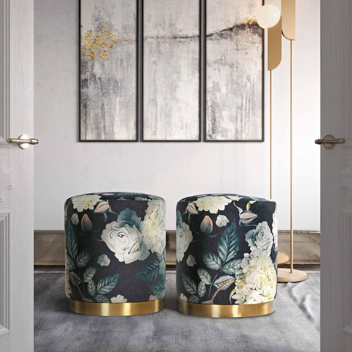 TOV Furniture Opal Floral Velvet Ottoman with Gold Base OTTOMANS, POUFS, + STOOLS