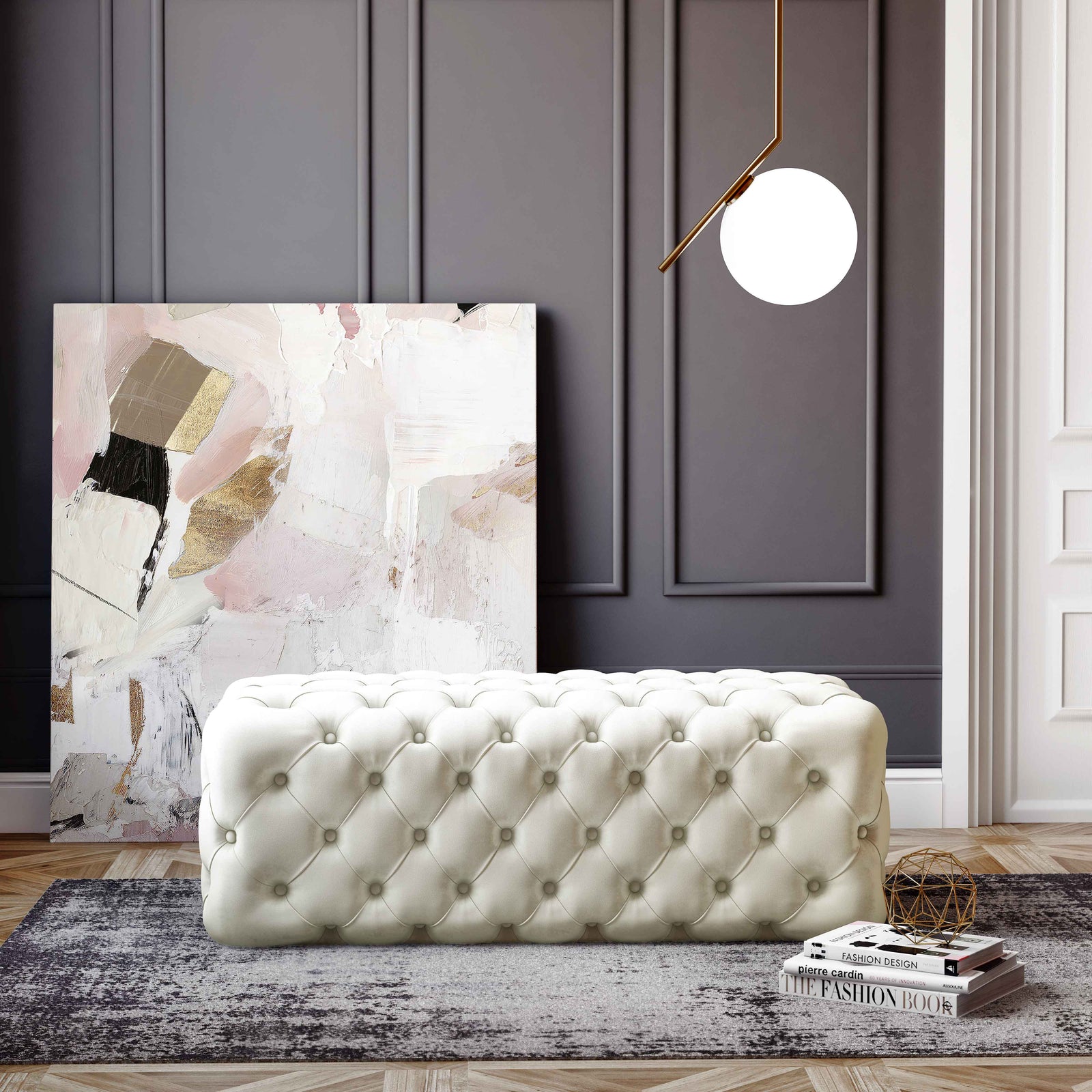 TOV Furniture Kaylee Cream Velvet Ottoman OTTOMANS, POUFS, + STOOLS