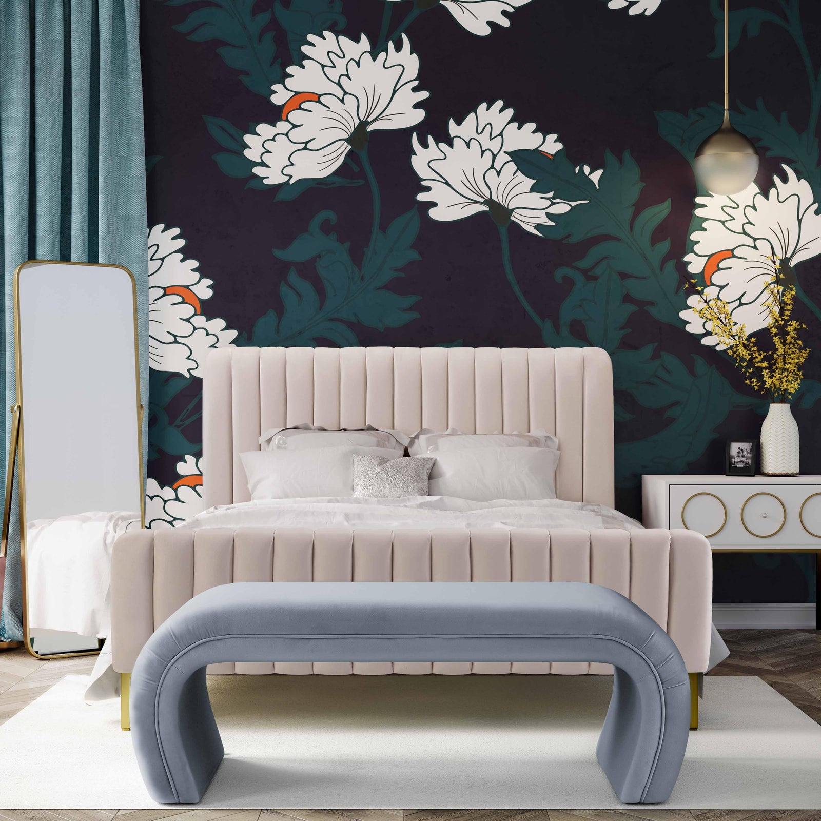 TOV Furniture Kenya Sea Blue Velvet Bench BENCHES