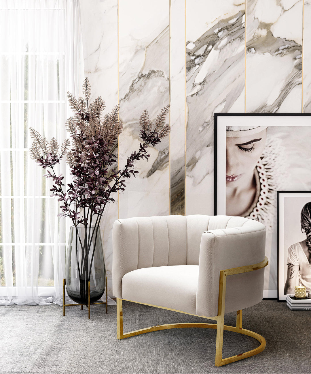 American Home Furniture | TOV Furniture - Magnolia Spotted Cream Chair with Gold