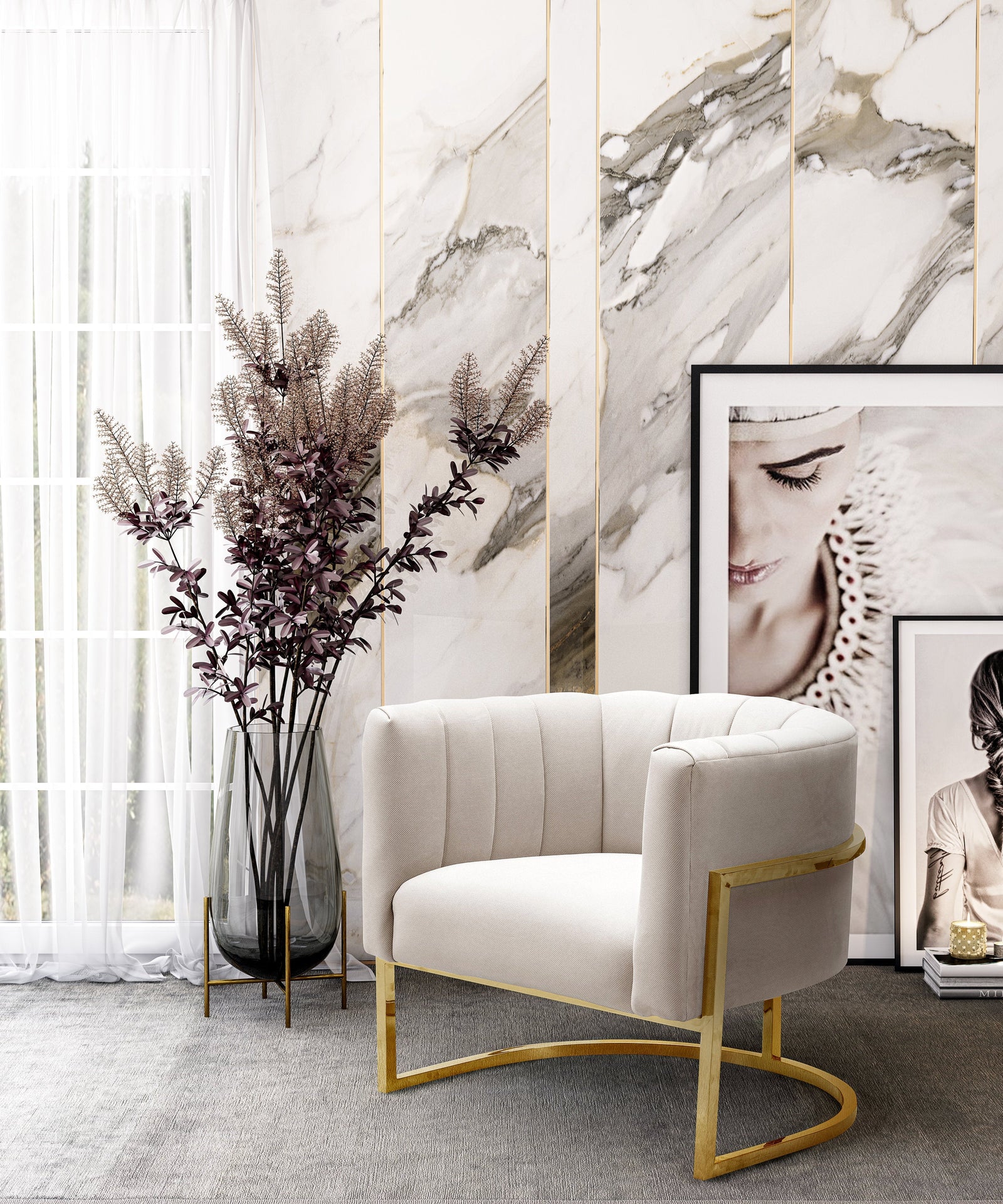 TOV Furniture Magnolia Spotted Cream Chair with Gold ACCENT + LOUNGE CHAIRS