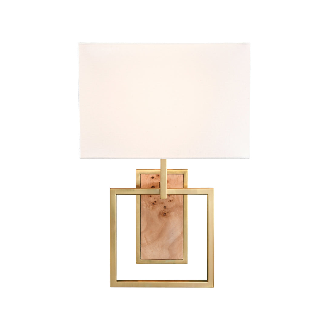 Flushmount Sconce With Rectangular Burl Wood Backplate And Open Brushed Brass Square Frame - TRACE BW