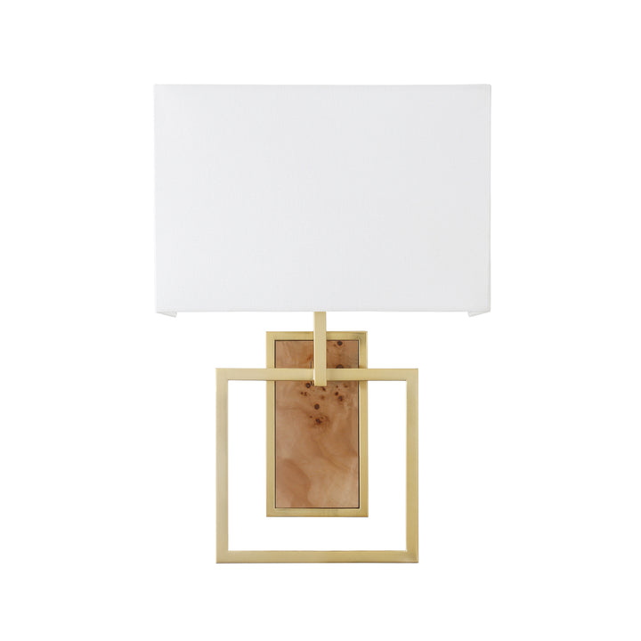 Flushmount Sconce With Rectangular Burl Wood Backplate And Open Brushed Brass Square Frame - TRACE BW