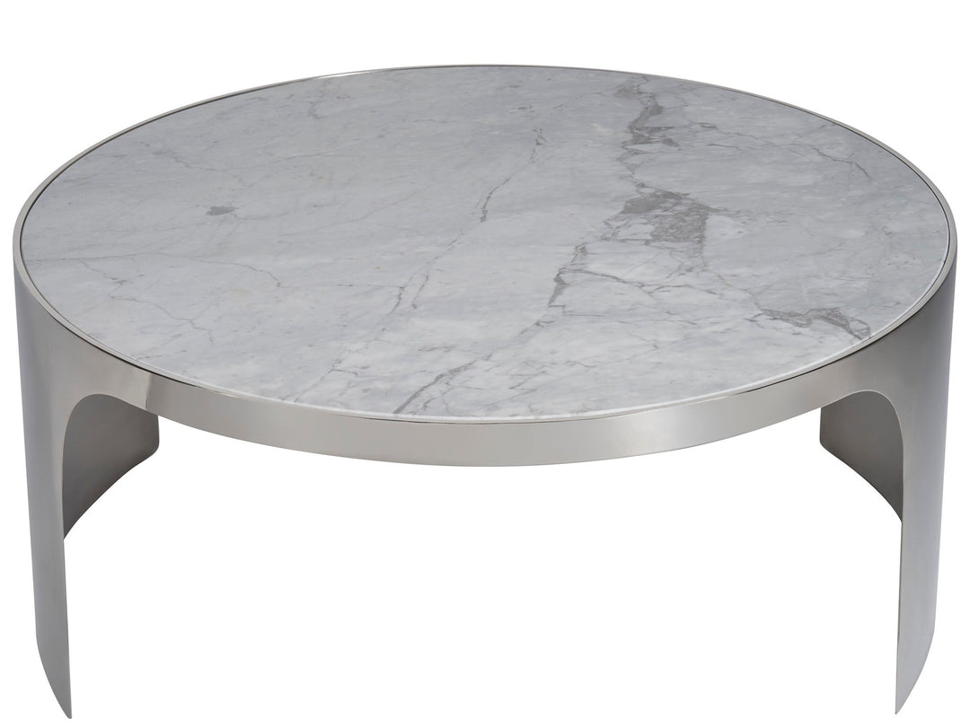American Home Furniture Universal Furniture Revolve Large Nesting Table Grey Carrea top/ Polished Nickel base