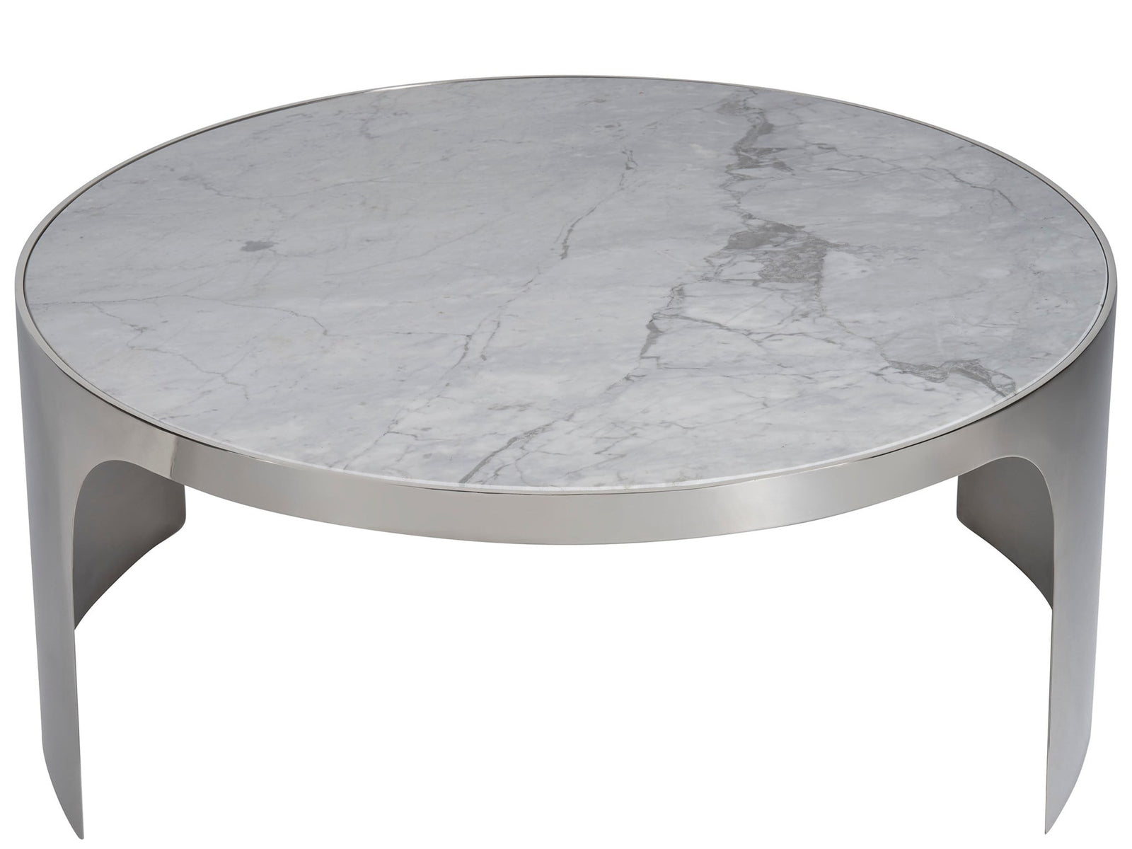 American Home Furniture Universal Furniture Revolve Large Nesting Table Grey Carrea top/ Polished Nickel base