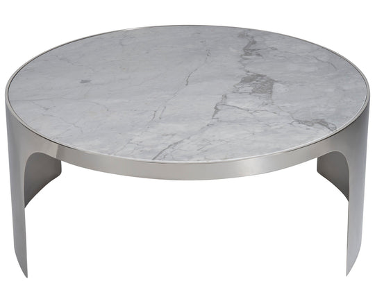 American Home Furniture Universal Furniture Revolve Large Nesting Table Grey Carrea top/ Polished Nickel base