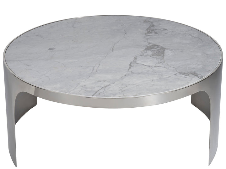American Home Furniture Universal Furniture Revolve Large Nesting Table Grey Carrea top/ Polished Nickel base