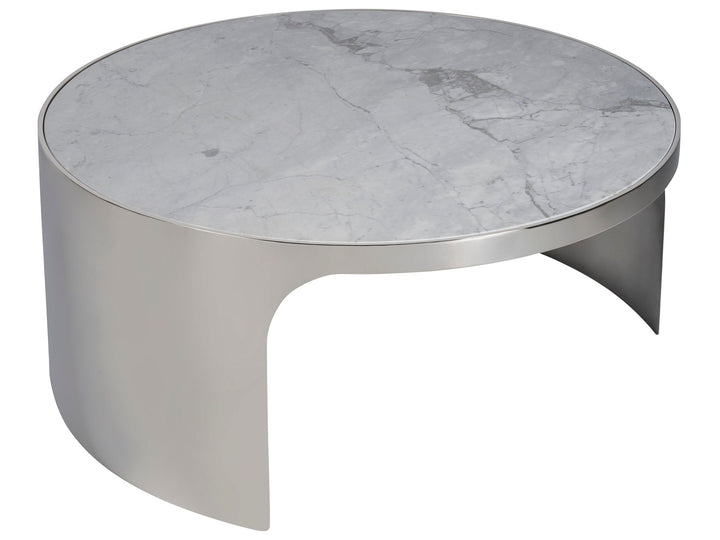 American Home Furniture Universal Furniture Revolve Large Nesting Table Grey Carrea top/ Polished Nickel base