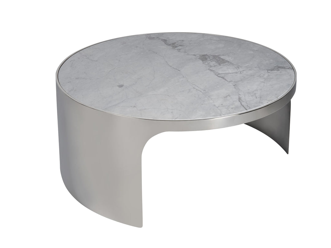 American Home Furniture Universal Furniture Revolve Large Nesting Table Grey Carrea top/ Polished Nickel base
