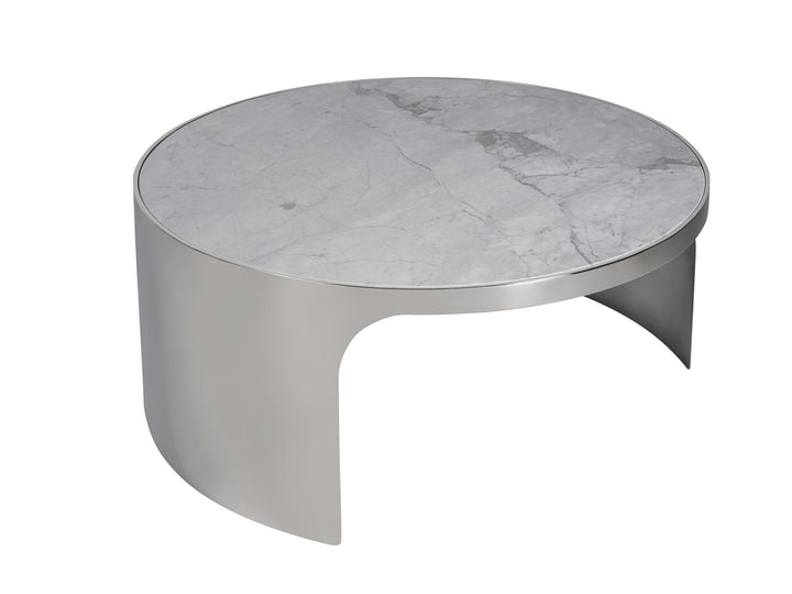 American Home Furniture Universal Furniture Revolve Large Nesting Table Grey Carrea top/ Polished Nickel base