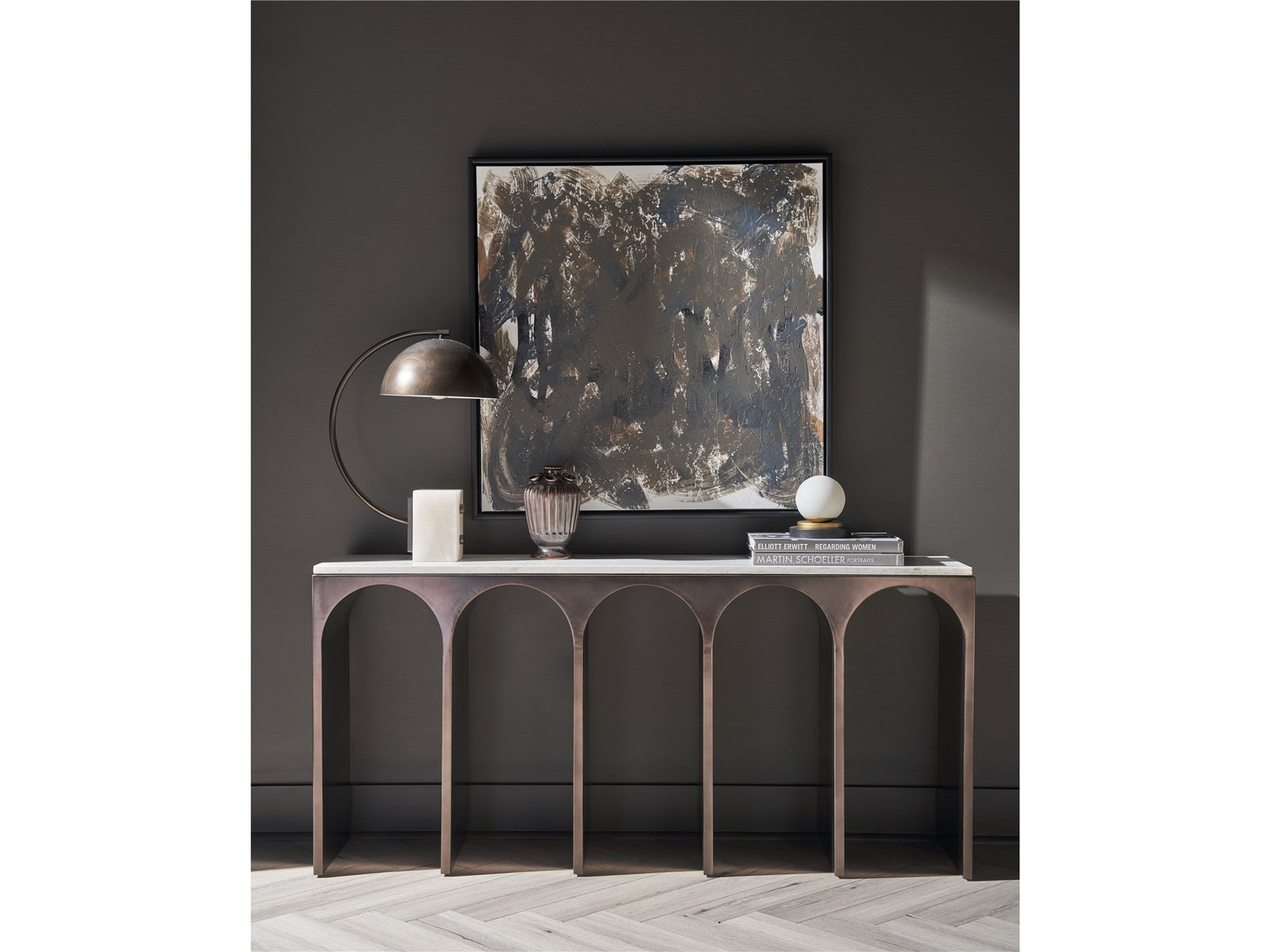 American Home Furniture Universal Furniture Moda Console Table White Banswara/Aged Satin Pewter
