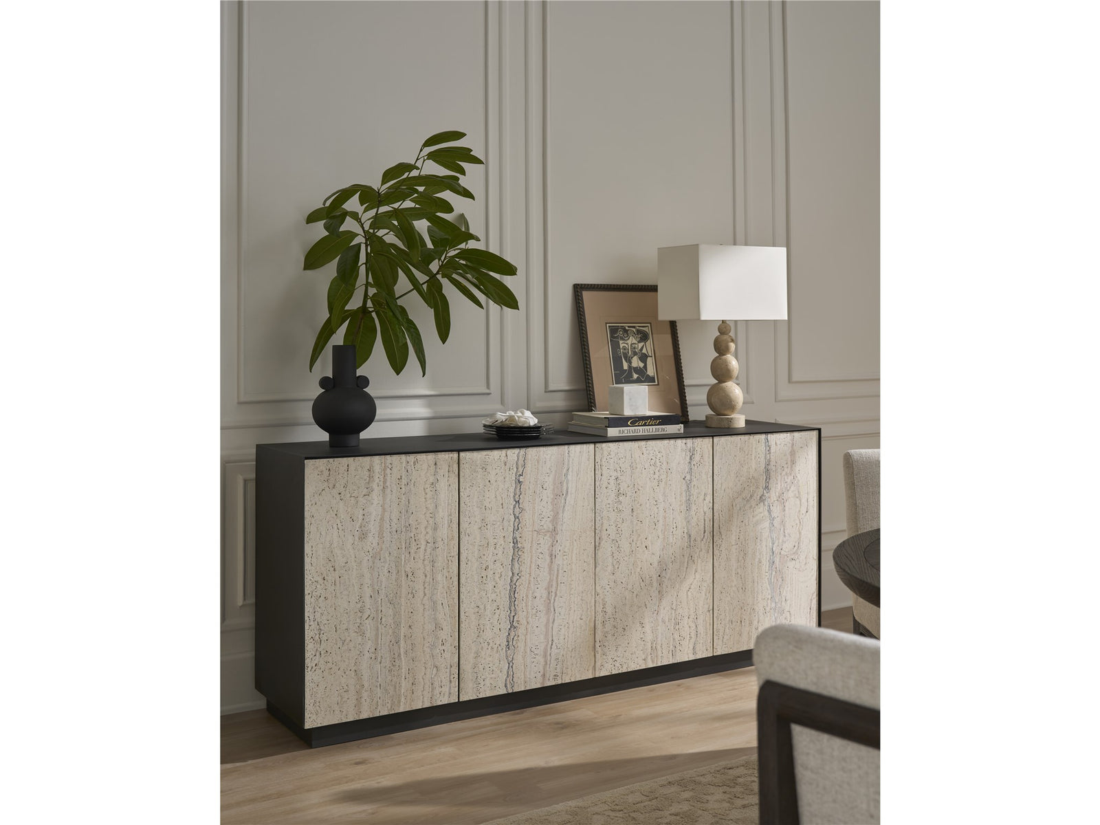 American Home Furniture Universal Furniture Stone Credenza Metal and White Travertine