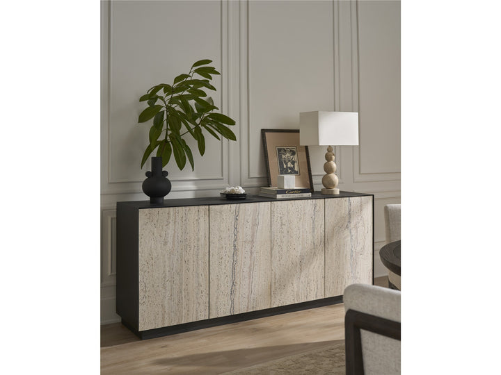 American Home Furniture Universal Furniture Stone Credenza Metal and White Travertine