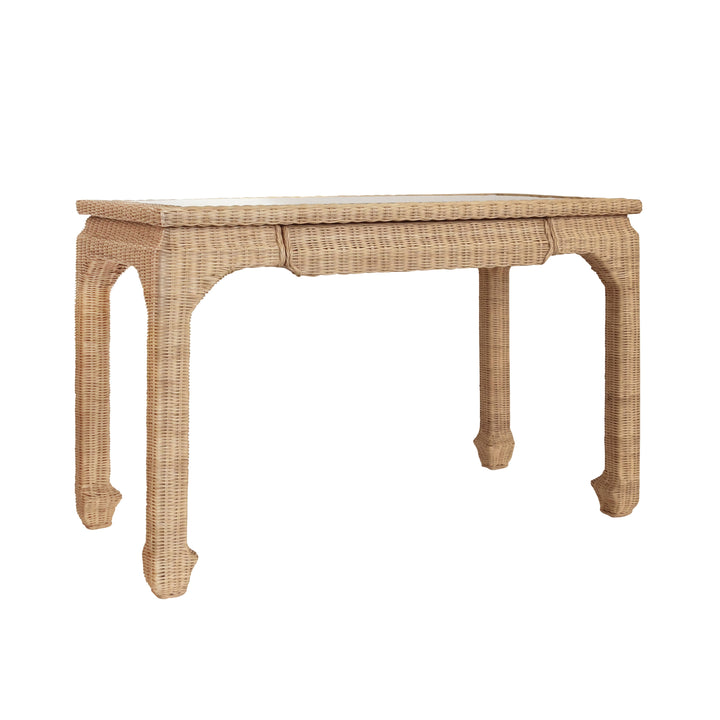 One Drawer Ming Style Desk In Woven Rattan With Glass Top - VERRA
