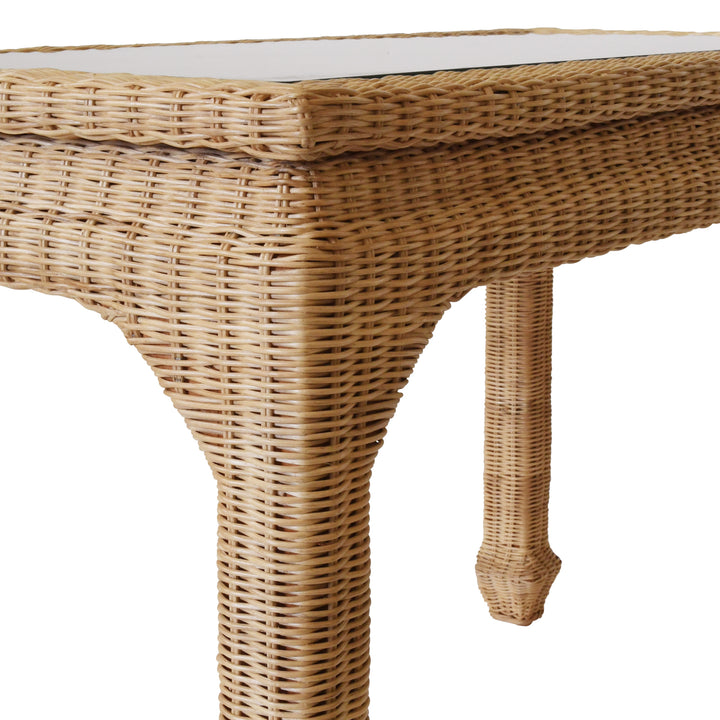One Drawer Ming Style Desk In Woven Rattan With Glass Top - VERRA