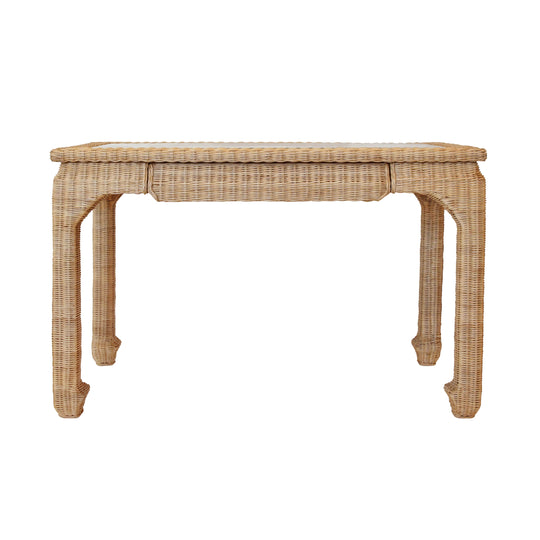 One Drawer Ming Style Desk In Woven Rattan With Glass Top - VERRA